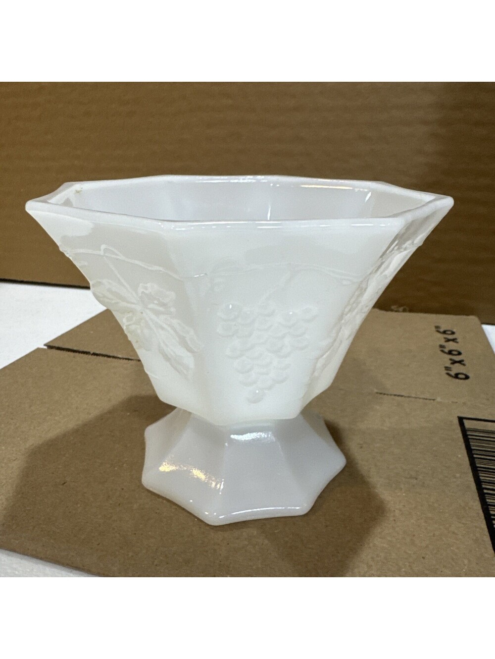 VTG Anchor Hocking white milk glass pedestal compote bowl "Harvest Grape"